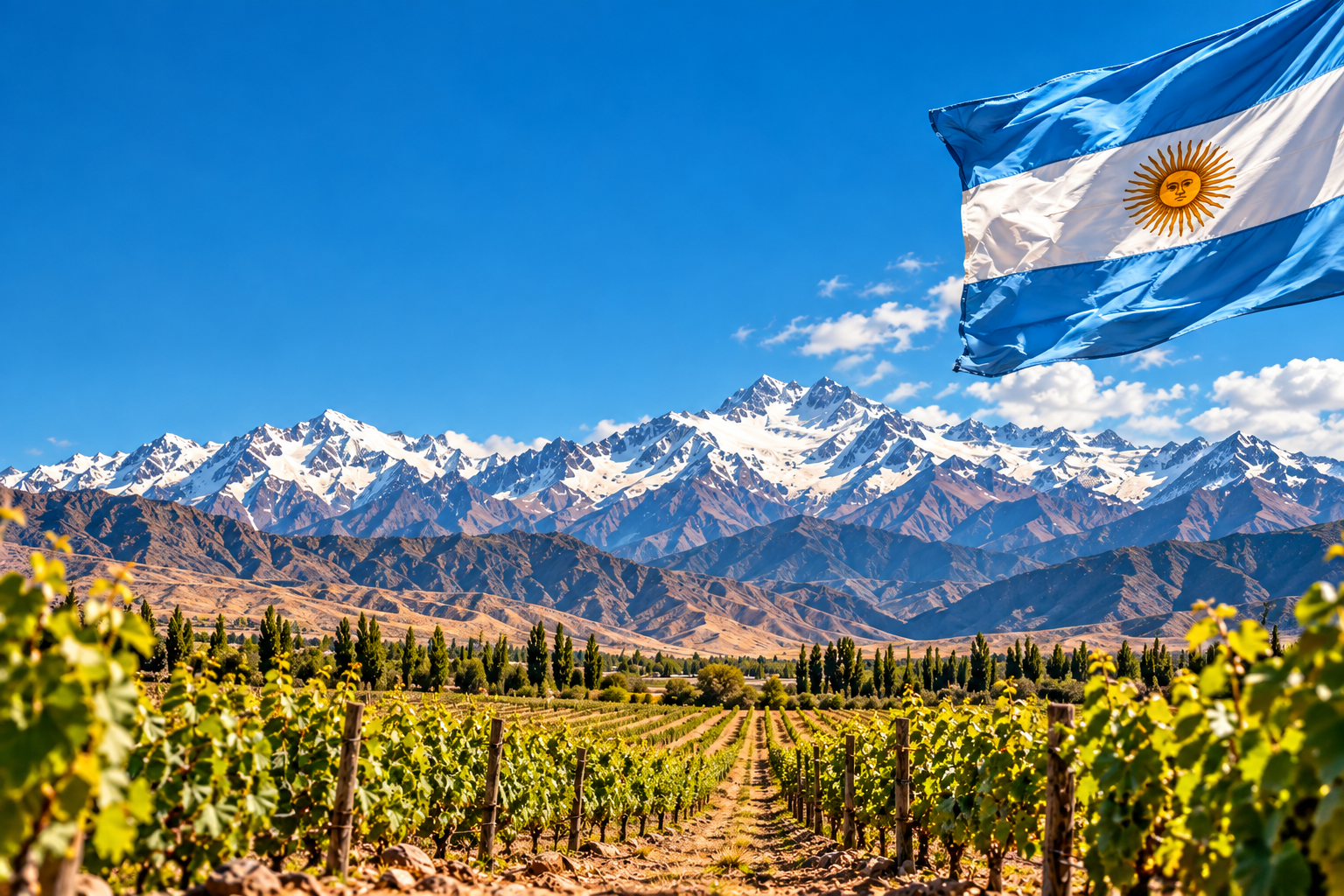 Drapeau argentin au-dessus des vignes, face à la cordillère des Andes