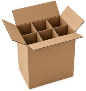 Illustration d’un carton kraft ouvert avec six compartiments pour bouteilles